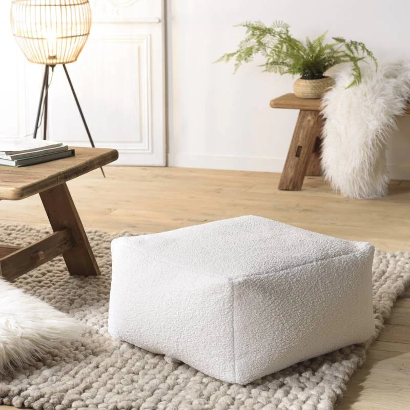 Pouf Carré 53x53cm Tissu Bouclette Blanc – Image 2